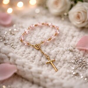 Vintage Pink Heart Shape Bead Beaded Rosary Bracelet Baby Chaplet Baptism